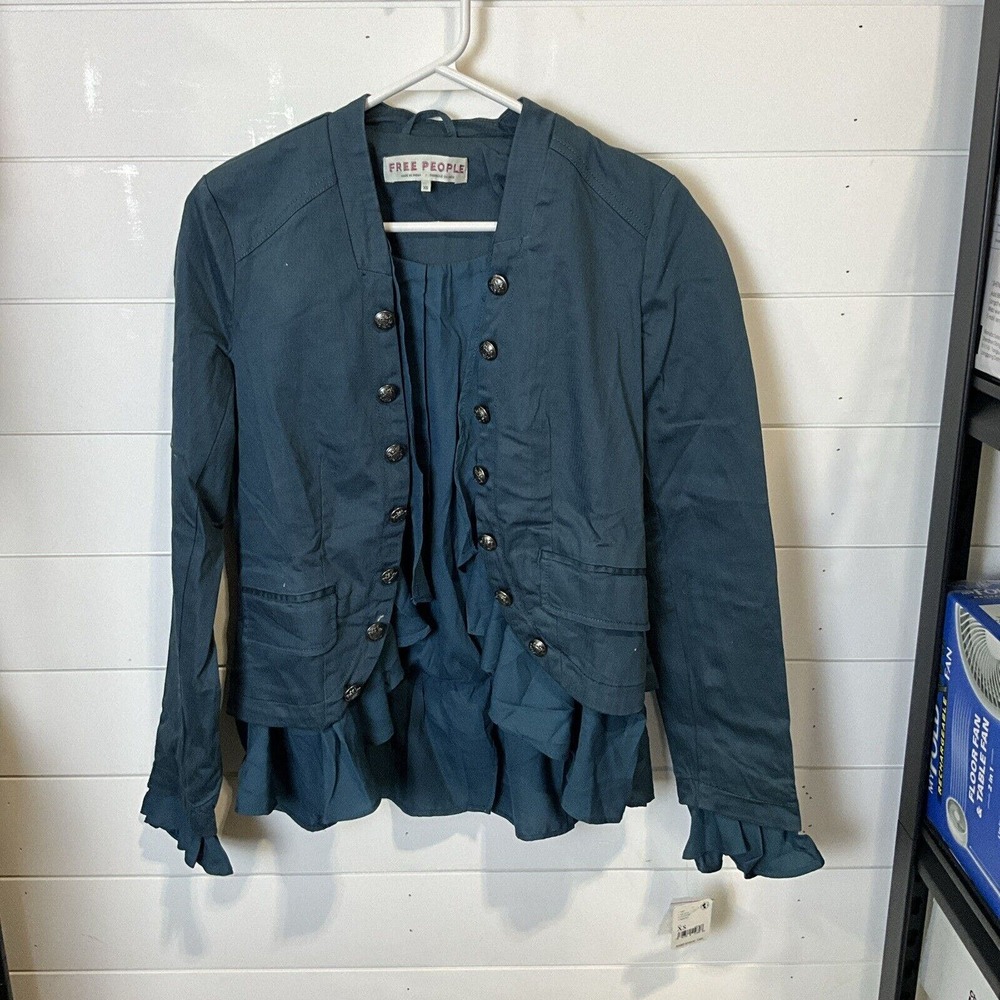 NEW Free People Womens Ruffles Romance Jacket XSMALL Pockets Button‎ Front Teal